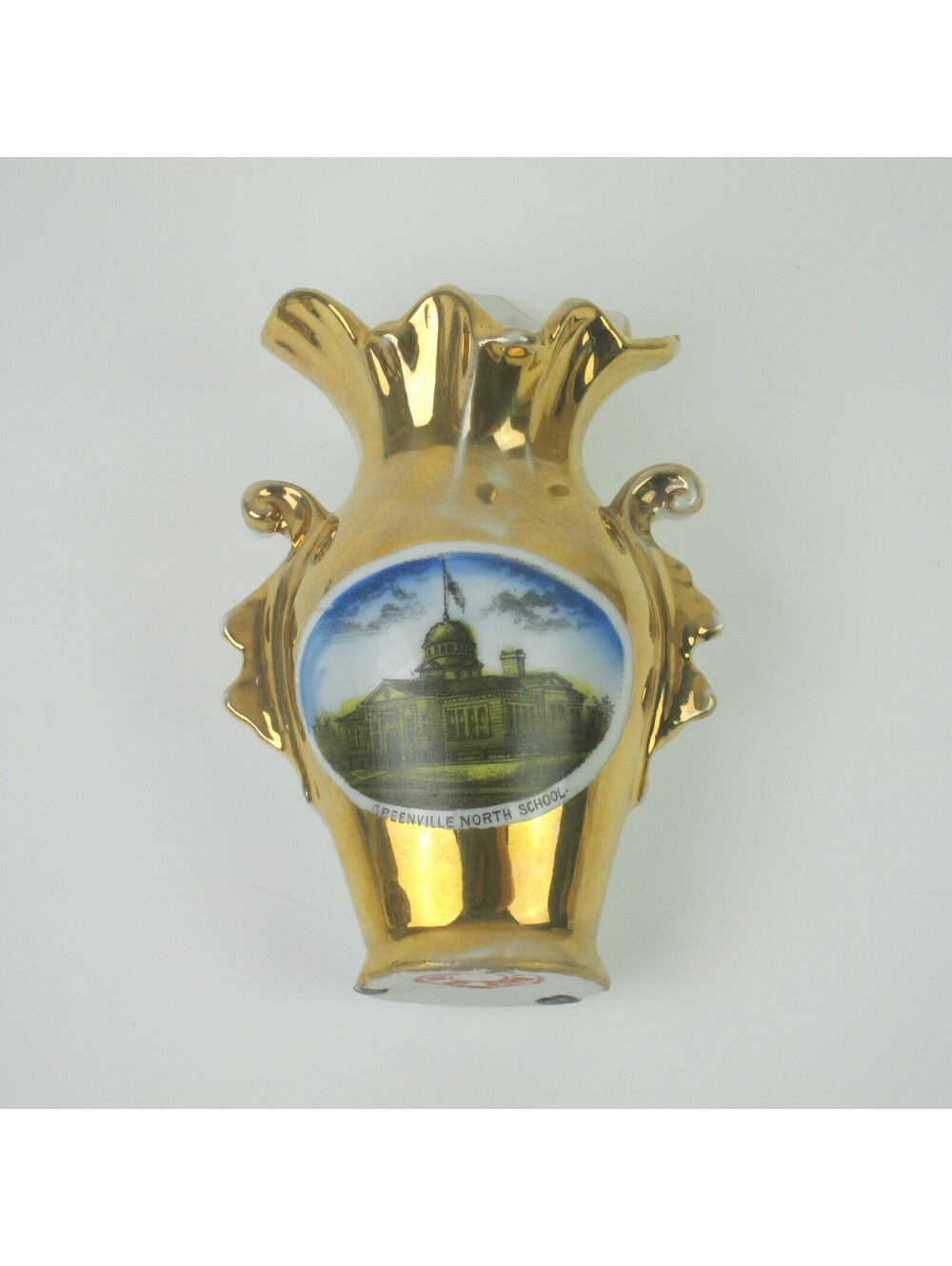 Antique Porcelain Souvenir Vase Greenville Ohio North School 5" Gold Germany